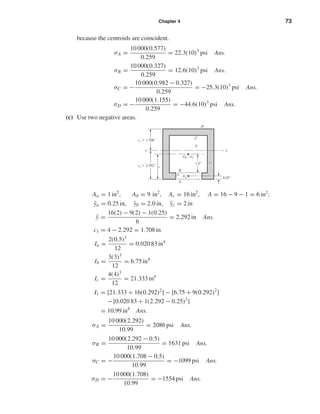 Chapter 4 73
because the centroids are coincident.
σA =
10 000(0.577)
0.259
= 22.3(10)3
psi Ans.
σB =
10 000(0.327)
0.259
= 12.6(10)3
psi Ans.
σC = −
10 000(0.982 − 0.327)
0.259
= −25.3(10)3
psi Ans.
σD = −
10 000(1.155)
0.259
= −44.6(10)3
psi Ans.
(c) Use two negative areas.
Aa = 1 in2
, Ab = 9 in2
, Ac = 16 in2
, A = 16 − 9 − 1 = 6 in2
;
¯ya = 0.25 in, ¯yb = 2.0 in, ¯yc = 2 in
¯y =
16(2) − 9(2) − 1(0.25)
6
= 2.292 in Ans.
c1 = 4 − 2.292 = 1.708 in
Ia =
2(0.5)3
12
= 0.020 83 in4
Ib =
3(3)3
12
= 6.75 in4
Ic =
4(4)3
12
= 21.333 in4
I1 = [21.333 + 16(0.292)2
] − [6.75 + 9(0.292)2
]
− [0.020 83 + 1(2.292 − 0.25)2
]
= 10.99 in4
Ans.
σA =
10 000(2.292)
10.99
= 2086 psi Ans.
σB =
10 000(2.292 − 0.5)
10.99
= 1631 psi Ans.
σC = −
10 000(1.708 − 0.5)
10.99
= −1099 psi Ans.
σD = −
10 000(1.708)
10.99
= −1554 psi Ans.
D
C
c
a
B
b
A
Ga
Gb Gc
c1 ϭ 1.708"
c2 ϭ 2.292"
2"
1.5"
0.25"
11
shi20396_ch04.qxd 8/18/03 10:36 AM Page 73
 