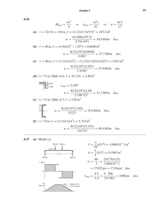 Chapter 4 77
4-26
Mmax =
wl2
8
⇒ σmax =
wl2
c
8I
⇒ w =
8σ I
cl2
(a) l = 12(12) = 144 in, I = (1/12)(1.5)(9.5)3
= 107.2 in4
w =
8(1200)(107.2)
4.75(1442)
= 10.4 lbf/in Ans.
(b) l = 48 in, I = (π/64)(24
− 1.254
) = 0.6656 in4
w =
8(12)(103
)(0.6656)
1(48)2
= 27.7 lbf/in Ans.
(c) l = 48 in, I
.
= (1/12)(2)(33
) − (1/12)(1.625)(2.6253
) = 2.051 in4
w =
8(12)(103
)(2.051)
1.5(48)2
= 57.0 lbf/in Ans.
(d) l = 72 in; Table A-6, I = 2(1.24) = 2.48 in4
cmax = 2.158"
w =
8(12)(103
)(2.48)
2.158(72)2
= 21.3 lbf/in Ans.
(e) l = 72 in; Table A-7, I = 3.85 in4
w =
8(12)(103
)(3.85)
2(722)
= 35.6 lbf/in Ans.
(f) l = 72 in, I = (1/12)(1)(43
) = 5.333 in4
w =
8(12)(103
)(5.333)
(2)(72)2
= 49.4 lbf/in Ans.
4-27 (a) Model (c)
I =
π
64
(0.54
) = 3.068(10−3
) in4
A =
π
4
(0.52
) = 0.1963 in2
σ =
Mc
I
=
218.75(0.25)
3.068(10−3)
= 17 825 psi = 17.8 kpsi Ans.
τmax =
4
3
V
A
=
4
3
500
0.1963
= 3400 psi Ans.
1.25 in
500 lbf 500 lbf
500 lbf500 lbf
0.4375
500
Ϫ500
O
V (lbf)
O
M
(lbf¥in)
Mmax ϭ 500(0.4375)
ϭ 218.75 lbf¥in
2
0.842"
2.158"
shi20396_ch04.qxd 8/18/03 10:36 AM Page 77
 