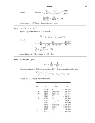 Chapter 4 85
Round: (τmax)rd =
16
π
T
d3
=
16T
π(4A/π)3/2
=
3.545T
(A)3/2
(τmax)sq
(τmax)rd
=
4.8
3.545
= 1.354
Square stress is 1.354 times the round stress Ans.
4-45 s =
√
A, d = 4A/π
Square: Eq. (4-44) with b = c, β = 0.141
θsq =
Tl
0.141c4G
=
Tl
0.141(A)4/2G
Round:
θrd =
Tl
JG
=
Tl
(π/32) (4A/π)4/2
G
=
6.2832Tl
(A)4/2G
θsq
θrd
=
1/0.141
6.2832
= 1.129
Square has greater θ by a factor of 1.13 Ans.
4-46 Text Eq. (4-43) gives
τmax =
T
αbc2
=
T
bc2
·
1
α
From in-text table, p. 139, α is a function of b/c. Arrange equation in the form
b2
cτmax
T
=
1
α
= y = a0 + a1
1
b/c
= a0 + a1x
To plot 1/α vs 1/(b/c), ﬁrst form a table.
x y
b/c α 1/(b/c) 1/α
1 0.208 1 4.807692
1.5 0.231 0.666667 4.329004
1.75 0.239 0.571429 4.184100
2 0.246 0.5 4.065041
2.5 0.258 0.4 3.875969
3 0.267 0.333333 3.745318
4 0.282 0.25 3.546099
6 0.299 0.166667 3.344482
8 0.307 0.125 3.257329
10 0.313 0.1 3.194888
∞ 0.333 0 3.003003
shi20396_ch04.qxd 8/18/03 10:36 AM Page 85
 