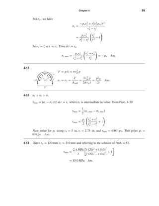 Chapter 4 89
For σr , we have
σr =
−por2
o + r2
i r2
o po/r2
r2
o − r2
i
=
por2
o
r2
o − r2
i
r2
i
r2
− 1
So σr = 0 at r = ri . Thus at r = ro
σr,max =
por2
o
r2
o − r2
i
r2
i − r2
o
r2
o
= −po Ans.
4-52
F = pA = πr2
av p
σ1 = σ2 =
F
Awall
=
πr2
av p
2πravt
=
prav
2t
Ans.
4-53 σt > σl > σr
τmax = (σt − σr )/2 at r = ri where σl is intermediate in value. From Prob. 4-50
τmax =
1
2
(σt, max − σr, max)
τmax =
pi
2
r2
o + r2
i
r2
o − r2
i
+ 1
Now solve for pi using ro = 3 in, ri = 2.75 in, and τmax = 4000 psi. This gives pi =
639 psi Ans.
4-54 Given ro = 120 mm, ri = 110 mm and referring to the solution of Prob. 4-53,
τmax =
2.4 MPa
2
(120)2
+ (110)2
(120)2 − (110)2
+ 1
= 15.0 MPa Ans.
rav
p
t
F
shi20396_ch04.qxd 8/18/03 10:36 AM Page 89
 