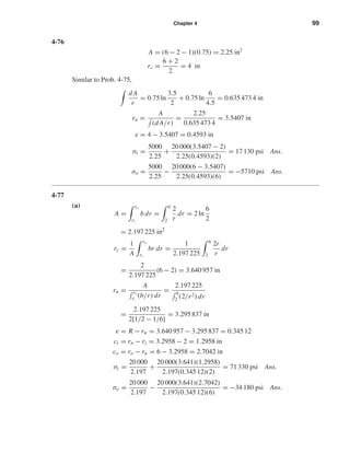 Chapter 4 99
4-76
A = (6 − 2 − 1)(0.75) = 2.25 in2
rc =
6 + 2
2
= 4 in
Similar to Prob. 4-75,
d A
r
= 0.75 ln
3.5
2
+ 0.75 ln
6
4.5
= 0.635 473 4 in
rn =
A
(d A/r)
=
2.25
0.635 473 4
= 3.5407 in
e = 4 − 3.5407 = 0.4593 in
σi =
5000
2.25
+
20 000(3.5407 − 2)
2.25(0.4593)(2)
= 17 130 psi Ans.
σo =
5000
2.25
−
20 000(6 − 3.5407)
2.25(0.4593)(6)
= −5710 psi Ans.
4-77
(a)
A =
ro
ri
b dr =
6
2
2
r
dr = 2 ln
6
2
= 2.197 225 in2
rc =
1
A
ro
ri
br dr =
1
2.197 225
6
2
2r
r
dr
=
2
2.197 225
(6 − 2) = 3.640 957 in
rn =
A
ro
ri
(b/r) dr
=
2.197 225
6
2 (2/r2) dr
=
2.197 225
2[1/2 − 1/6]
= 3.295 837 in
e = R − rn = 3.640 957 − 3.295 837 = 0.345 12
ci = rn − ri = 3.2958 − 2 = 1.2958 in
co = ro − rn = 6 − 3.2958 = 2.7042 in
σi =
20 000
2.197
+
20 000(3.641)(1.2958)
2.197(0.345 12)(2)
= 71 330 psi Ans.
σo =
20 000
2.197
−
20 000(3.641)(2.7042)
2.197(0.345 12)(6)
= −34 180 psi Ans.
shi20396_ch04.qxd 8/18/03 10:36 AM Page 99
 