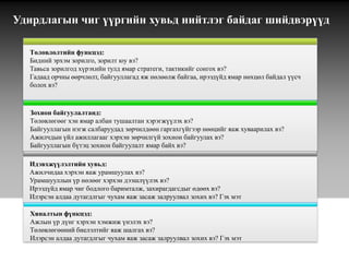 Төлөвлөлтийн функцэд:
Бидний эрхэм зорилго, зорилт юу вэ?
Тавьса зорилгод хүрэхийн тулд ямар стратеги, тактикийг сонгох вэ?
Гадаад орчны өөрчлөлт, байгууллагад яж нөлөөлж байгаа, ирээдүйд ямар нөхцөл байдал үүсч
болох вэ?
Зохион байгуулалтанд:
Төлөвлөгөөг хэн ямар албан тушаалтан хэрэгжүүлэх вэ?
Байгууллагын нэгж салбаруудад зөрчилдөөн гаргахгүйгээр нөөцийг яаж хуваарилах вэ?
Ажилчдын үйл ажиллагааг хэрхэн зөрчилгүй зохион байгуулах вэ?
Байгууллагын бүтэц зохион байгуулалт ямар байх вэ?
Идэвхжүүлэлтийн хувьд:
Ажилчидаа хэрхэн яаж урамшуулах вэ?
Урамшууллын үр нөлөөг хэрхэн дээшлүүлэх вэ?
Ирээдүйд ямар чиг бодлого баримталж, захирагдагсдыг өдөөх вэ?
Илэрсэн алдаа дутагдлгыг чухам яаж засаж залруулвал зохих вэ? Гэх мэт
Удирдлагын чиг үүргийн хувьд нийтлэг байдаг шийдвэрүүд
Хяналтын фүнкцэд:
Ажлын үр дүнг хэрхэн хэмжиж үнэлэх вэ?
Төлөвлөгөөний биелэлтийг яаж шалгах вэ?
Илэрсэн алдаа дутагдлгыг чухам яаж засаж залруулвал зохих вэ? Гэх мэт
 