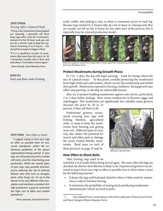 Forcing Bolts
33
easily visible, and picking is easy, as there is maximum access to each log.
Because logs stacked in A-frames take up a lot of space in a laying yard, they
are usually not left on the A-frame for any other part of the process; this is
especially true for a forced production model.
Protect Mushrooms during Growth Phase
In 3 to 5 days, the log will begin pinning; Look for bumps about the
size of a pencil eraser. At this point, consider protecting the mushrooms
from high winds and cold weather, which can dry the mushrooms and inhibit
their growth. Mushrooms exposed to freezing conditions during growth may
either stop growing or develop an unfavorable texture.
Also try to protect budding mushrooms against rain storms, particularly
2 to 3 days before picking. Rain causes mushrooms to become soggy and
waterlogged. Wet mushrooms are significantly less valuable; many growers
discount the price by 20 to 25
percent, if they sell them at all.
Professional growers recom-
mend covering your logs with
fruiting blankets, agricultural
cloth, or tarps to keep the mush-
rooms from freezing and getting
more wet. Different types of cover
may also reduce the potential for
insects and other pests to damage
the newly fruited shiitake mush-
rooms. Read more on each of
these practices on page 35 and 36.
How Often to Shock Bolts
After fruiting, logs need to be
rested for 6 to 8 weeks before being forced again. The more often the logs are
shocked, the shorter their lifetime is likely to be. Experienced growers recom-
mend trying to fruit your logs as often as possible (two to three times a year)
for the following reasons1
:
•	 It keeps the logs well hydrated, therefore there is little need for mainte-
nance soaks in between forcing.
•	 It minimizes the probability of resting stacks producing mushrooms
spontaneously (which are hard to pick).
1	 Text adopted from conversations with Nick Laskovski of Dana Forest Farm
and Steve Sierigk of Hawk Meadow Farm.
“If only a few mushrooms have popped
out naturally, I generally will force
these logs after I pick the mushrooms.
Instead of a full 24-hour soak you can
just do a shorter soak to keep the my-
celium humming (4 to 6 hours) ... this
should be enough to trigger a flush.
“If it is a significant number of mush-
rooms (like more than let’s say 6- to 10)
I somewhat consider that a flush and
waitabout7to8weekstoforceagain.“
- Steve Sierigk, Hawk Meadow Farm
EXPERT OPINION:
Forcing After a Natural Flush
Mushroom sequence created from images taken 24 hours apart from initial pinning until harvest.
(Earl Tuson, Red Manse Farm)
“I suggest trying to fruit your logs
as often as possible from an eco-
nomic standpoint, within the un-
derstood guidelines of the spawn
regeneration/resting period. If your
logs are still producing and a market
still exists, you’d be maximizing your
production. While the overall years
of your logs may possibly diminish,
you’re reducing the risk of external
failures over time such as drought,
pests, other fungi, etc. It’s up to the
farmer to be very efficient with inoc-
ulation and maintain consistent shii-
take production a goal to overcome
the high cost of labor and sustain
operations.”
- Nick Laskovski, Dana Forest Farm
EXPERT OPINION: How Often to Shock
EXPERTTIPS:
Frost and Rain while Fruiting
Logs stacked in A-frames covered by agricultural cloth
(Bill Stack, Cobb Hill Farm)
 