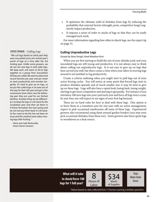 Forcing Bolts
34
What will it take
to shock/force 100
logs for 1 full year?
8Hours of
Labor
$34Worth
of Supplies
Tarps
WaterTanks
Hoses
*Values based on data collected from 17 farmers starting a shiitake operation
•	 It optimizes the ultimate yield of shiitakes from logs by reducing the
probability that external factors (drought, pests, competitive fungi) neg-
atively impact production.
•	 It imposes a sense of order to stacks of logs so that they can be easily
managed each week.
For more information regarding how often to shock logs, see the expert tip
on page 31.
Culling Unproductive Logs
Excerpt by Steve Sierigk, Hawk Meadow Farm
When you are first starting to build the size of your shiitake yard, and your
inoculated logs are still young and productive, it is not always easy to think
about culling out unproductive logs. It is not easy to give up on logs that
have served you well, but there comes a time when your labor in moving logs
around is not justified in log productivity.
Create a criteria outlining when you might start to pull logs out of your
active forcing cycles. You will notice at some point that forced logs start to
produce shiitakes sparsely and of much smaller size: it may be time to give
up on these logs. Logs will also have a spent look; losing bark, losing weight,
starting to get more competitors and starting to get punky. For instance if you
introduce 100 new logs into your yard each year and force all logs twice a year,
by year four you will expect to see signs of your first log burnout.
There are no hard rules for how to deal with these logs. One option is
to leave them in a transition area for one year with no active management;
expect to pick occasional mushrooms off some of these logs. Experienced
growers also recommend using them around garden borders (you may even
pick occasional shiitakes from these too). Some growers also burn spent logs
in woodstoves as a heat source.
“We cull logs based on what year they
were inoculated and cull a whole year’s
worth of logs at a time after the 3rd
fruiting year. Unlike some growers, we
do not mix new logs in with older logs.
We keep each crib stack of 20-25 logs
together as a group from inoculation
tilltheyareculled.Wewanttoobserve&
record harvests per year and per strain
to track productivity and monitor lon-
gevity. It’s hard to give up on logs, so
we put the culled logs in an area out of
the way for their 4th year and get a few
mushrooms from them, but the follow-
ing year they are used for our festival
bonfires. Another thing we do different-
ly is to keep the logs in crib stack for the
incubation year and then set them in
A-frame formation the next spring and
do not ever put them back in crib stack.
So far, room to do this has not been an
issue and this method saves labor mov-
ing logs after fruiting. “
- Steve and Julie Rockcastle,
Green Heron Growers
EXPERT OPINION: Culling Logs
 