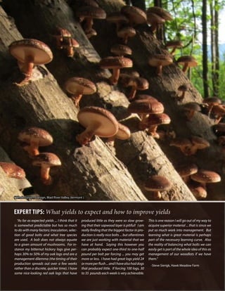 Forcing Bolts
37
“As far as expected yields ... I think that it
is somewhat predictable but has so much
to do with many factors; inoculation, selec-
tion of good bolts and what tree species
are used. A bolt does not always equate
to a given amount of mushrooms. For in-
stance my bitternut hickory logs give per-
haps 30% to 50% of my oak logs and are a
management dilemma (the timing of their
production spreads out over a few weeks
rather than a discrete, quicker time). I have
some nice-looking red oak logs that have
produced little as they were so slow grow-
ing that their sapwood layer is pitiful! I am
really finding that the biggest factor in pro-
duction is really nice bolts ... but oftentimes
we are just working with material that we
have at hand. Saying this however you
can probably expect one-third to one-half
pound per bolt per forcing ... you may get
more or less. I have had great logs yield 2#
ormoreperflush...andIhavealsohaddogs
that produced little. If forcing 100 logs, 30
to 35 pounds each week is very achievable.
This is one reason I will go out of my way to
acquire superior material ... that is since we
put so much work into management. But
learning what is great material is perhaps
part of the necessary learning curve. Also
the reality of balancing what bolts we can
easily get is part of the whole idea of this as
management of our woodlots if we have
them.”
-Steve Sierigk, Hawk Meadow Farm
EXPERT TIPS: What yields to expect and how to improve yields
( Whole System Design, Mad River Valley, Vermont )
 