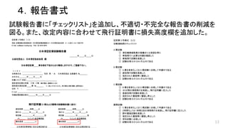 ４．報告書式
試験報告書に「チェックリスト」を追加し、不適切・不完全な報告書の削減を
図る。また、改定内容に合わせて飛行証明書に損失高度欄を追加した。
13
 