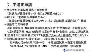 ７．不適正申請
＊合格者が記章試験員名で直接申請
（試験員が責任を持っていることが確認できない）
＊6カ月以上前の飛行の申請がある
“練習生の技量変化は大きいので、古い試験結果は認めない” 趣旨
＊複数章の同時申請
A章・B章同時 NG：B章試験はA章所有者・合格者に対して試験実施
C章・銅章同時 NG： 1段階前の章の所有者・合格者に対して試験実施
注）登録された「所有者」でなくても試験に受かった「合格者」であればよい
＊国内記章は飛行記録ではなく、技量に対して記章を授与
30分飛んだからC章申請→NG ＋急旋回試験＋指定地着陸試験
2時間飛んだから銅章申請→NG ＋野外着陸試験＋学科試験
18
 