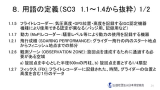 ８．用語の定義（SC3 1.1～1.4から抜粋） 1/2
1.1.5 フライトレコーダー：気圧高度・GPS位置・高度を記録するIGC認定機器
機種により使用できる認定が異なる（バッジ用、記録用など）
1.1.7 動力 (MoP)レコーダー：騒音レベル等により動力の使用を記録する機器
1.2.1 飛行成績 (SOARING PERFORMANCE)：グライダー飛行の内のスタート地点
からフィニッシュ地点までの部分
1.2.6 観測ゾーン (OBSERVATION ZONE)：旋回点を達成するために通過する必
要がある空域
a) 旋回点を中心とした半径500mの円柱、b) 旋回点を要とする1/4扇型
1.2.7 フィックス (FIX)：フライトレコーダーに記録された、時間、グライダーの位置と
高度を含む１行のデータ
24
 