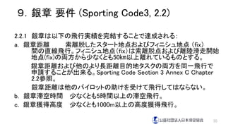 ９．銀章 要件 (Sporting Code3, 2.2)
2.2.1 銀章は以下の飛行実績を完結することで達成される：
a. 銀章距離 索離脱したスタート地点およびフィニシュ地点 （fix）
間の直線飛行。フィニシュ地点（fix）は索離脱点および離陸滑走開始
地点(fix)の両方から少なくとも50㎞以上離れているものとする。
銀章距離および他のより長距離目的地タスクの両方を同一飛行で
申請することが出来る。Sporting Code Section 3 Annex C Chapter
2.2参照。
銀章距離は他のパイロットの助けを受けて飛行してはならない。
b. 銀章滞空時間 少なくとも5時間以上の滞空飛行。
c. 銀章獲得高度 少なくとも1000m以上の高度獲得飛行。
30
 