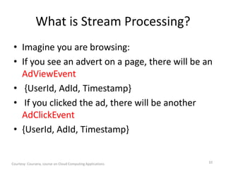 What is Stream Processing?
• Imagine you are browsing:
• If you see an advert on a page, there will be an
AdViewEvent
• {UserId, AdId, Timestamp}
• If you clicked the ad, there will be another
AdClickEvent
• {UserId, AdId, Timestamp}
Courtesy: Coursera, course on Cloud Computing Applications 10
 
