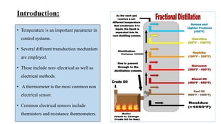Introduction:
• Temperature is an important parameter in
control systems.
• Several different transduction mechanism
are employed.
• These include non- electrical as well as
electrical methods.
• A thermometer is the most common non
electrical sensor.
• Common electrical sensors include
thermistors and resistance thermometers.
 