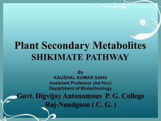 Plant Secondary Metabolites
SHIKIMATE PATHWAY
By
KAUSHAL KUMAR SAHU
Assistant Professor (Ad Hoc)
Department of Biotechnology
Govt. Digvijay Autonomous P. G. College
Raj-Nandgaon ( C. G. )
 