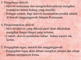 3. Pengelasan aktiviti
- Aktiviti menyusun dan mengelaskan pekerja mengikut
kemahiran dalam bidang yang dimiliki.
- Sebagai contoh, bagi aktiviti memasarkan produk adalah
di bawah tanggungjawab Jabatan Pemasaran.
4. Pengelompokan aktiviti
- Aktiviti-aktiviti yang dikenal pasti akan dikelaskan
mengikut fungsi-fungsi yang tertentu.
- Contoh, aktiviti pembelian bahan –bahan seperti ink,
kertas.
5. Pengagihan tugas, autoriti dan tanggungjawab
- Pengagihan tugas akan dibuat mengikut jabatan dan setiap
jabatan mempunyai ketua.
 