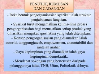 - Reka bentuk pengorganisasian syarikat ialah struktur
penjabatanan fungsian.
- Syarikat turut mengamalkan kelima-lima proses
pengorganisasian bagi memastikan setiap produk yang
dihasilkan mengikut spesifikasi yang telah ditetapkan.
- Konsep pengorganisasian yang diamalkan ialah
autoriti, tanggungjawab, empowermen, akauntabiliti dan
rantaian arahan.
- Gaya kepimpinan yang diamalkan ialah gaya
kepimpinan demokratik.
- Mendapat sokongan yang berterusan daripada
pelanggannya iaitu, TNB, Uitm, Politeknik dsbnya.
PENUTUP, RUMUSAN
DAN CADANGAN
 