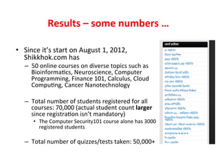 Results	
  –	
  some	
  numbers	
  …	
  
•  Since	
  it’s	
  start	
  on	
  August	
  1,	
  2012,	
  
Shikkhok.com	
  has	...