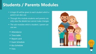  A login ID will be given to each student which a
parent can also use.
 Through this module students and parents can
only view the details but cannot make changes.
 The sub-modules which a student / parent can
use are:
Students / Parents Modules
 Attendance
 Time table
 Report card
 Exam Schedule
 Bus Schedule
 Fees
 