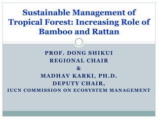 PROF. DONG SHIKUI
REGIONAL CHAIR
&
MADHAV KARKI, PH.D.
DEPUTY CHAIR,
IUCN COMMISSION ON ECOSYSTEM MANAGEMENT
Sustainable Management of
Tropical Forest: Increasing Role of
Bamboo and Rattan
 