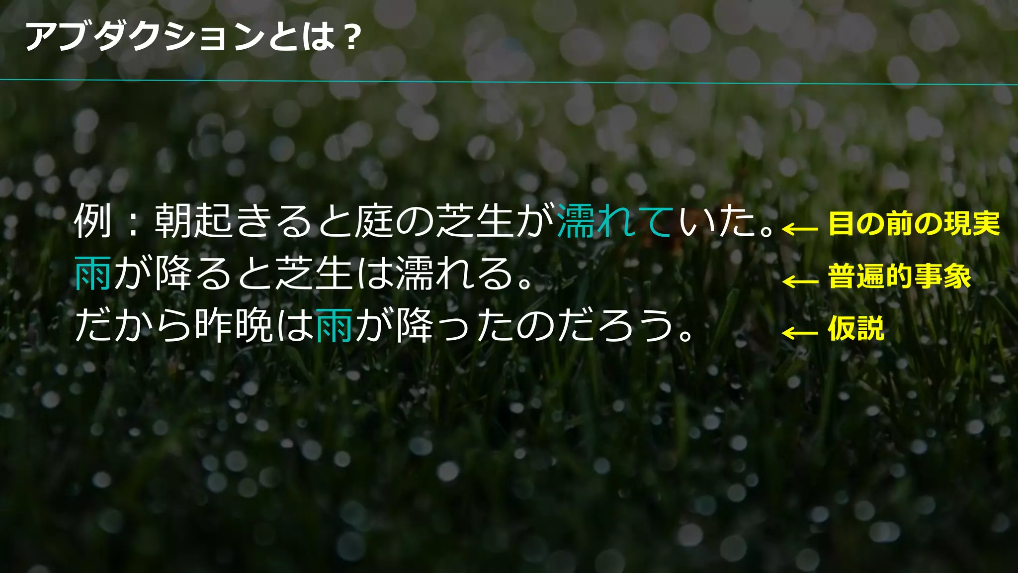 例：朝起きると庭の芝生が濡れていた。
雨が降ると芝生は濡れる。
だから昨晩は雨が降ったのだろう。
アブダクションとは？
目の前の現実
普遍的事象
仮説
 
