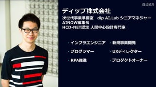 自己紹介
ディップ株式会社
次世代事業準備室 dip AI.Lab シニアマネジャー
AINOW編集長
HCD-NET認定 人間中心設計専門家
・新規事業開発・インフラエンジニア
・プログラマー ・UXディレクター
・プロダクトオーナー・RPA推進
 
