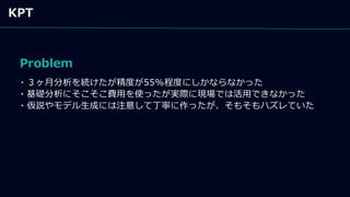 KPT
Problem
・３ヶ月分析を続けたが精度が55%程度にしかならなかった
・基礎分析にそこそこ費用を使ったが実際に現場では活用できなかった
・仮説やモデル生成には注意して丁寧に作ったが、そもそもハズレていた
 