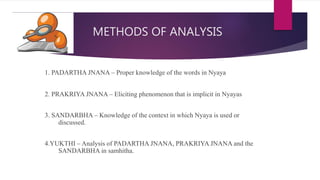METHODS OF ANALYSIS
1. PADARTHA JNANA – Proper knowledge of the words in Nyaya
2. PRAKRIYA JNANA – Eliciting phenomenon that is implicit in Nyayas
3. SANDARBHA – Knowledge of the context in which Nyaya is used or
discussed.
4.YUKTHI – Analysis of PADARTHA JNANA, PRAKRIYA JNANA and the
SANDARBHA in samhitha.
 