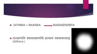  SATWIKA + RAJASIKA EKADASENDRIYA
 तल्ल््णानि प्रर्काशलिणानि, ित्िस्य प्रर्काशर्कत्िात ्|
(dalhana )
 