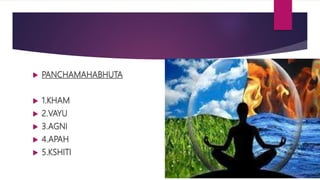  PANCHAMAHABHUTA
 1.KHAM
 2.VAYU
 3.AGNI
 4.APAH
 5.KSHITI
 