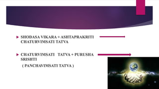  SHODASA VIKARA + ASHTAPRAKRITI
CHATURVIMSATI TATVA
 CHATURVIMSATI TATVA + PURUSHA
SRISHTI
( PANCHAVIMSATI TATVA )
 
