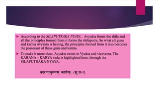  According to the SILAPUTRAKA NYAYA, Avyakta forms the shila and
all the principles formed from it forms the shilaputra. So what all guna
and karma Avyakta is having, the principles formed from it also becomes
the possessor of these guna and karma.
 To make it more clear, Avyakta exists in Vyakta and viceversa. The
KARANA – KARYA vada is highlighted here, through the
SILAPUTRAKA NYAYA.
र्कारणािुरूपम् र्कायणम्। (िु.श-१)
 