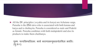  All the 24 principles ( avyakta and its karya) are Achetana varga.
Purusha is the 25th tatva who is associated with both karana and
karya and is chethayita. Purusha is considered as male and Prakriti
as female. Purusha combines with both mulaprakriti and also its
products to make them chaithanya.
पुरुष: पन्िवि्शनततम: र्कायण र्कारणाि्युततस्िेतनयता भिनत।
(िु.श-१)
 