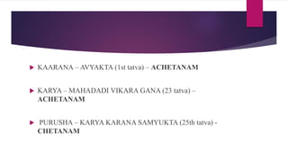  KAARANA – AVYAKTA (1st tatva) – ACHETANAM
 KARYA – MAHADADI VIKARA GANA (23 tatva) –
ACHETANAM
 PURUSHA – KARYA KARANA SAMYUKTA (25th tatva) -
CHETANAM
 