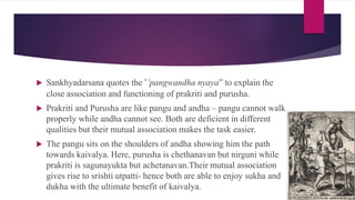  Sankhyadarsana quotes the ‘’pangwandha nyaya” to explain the
close association and functioning of prakriti and purusha.
 Prakriti and Purusha are like pangu and andha – pangu cannot walk
properly while andha cannot see. Both are deficient in different
qualities but their mutual association makes the task easier.
 The pangu sits on the shoulders of andha showing him the path
towards kaivalya. Here, purusha is chethanavan but nirguni while
prakriti is sagunayukta but achetanavan.Their mutual association
gives rise to srishti utpatti- hence both are able to enjoy sukha and
dukha with the ultimate benefit of kaivalya.
 