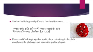  Similar similie is given by Kanada in vaiseshika sootra………….
पुष्पिस्त्रयो: िनत िश्न्िर्कषे गुणान्तरप्रदुभाणिो िस्त्रे
गन्धाभािसलन्गम्। (िैशेवषर्क िूत्र २.२.१)
 Flower and Cloth kept together lead to the scent arising in the cloth,
eventhough the cloth does not posses the quality of scent.
 