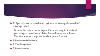  In Ayurveda sastra, purusha is considered as asarvagatham and still
it is nitya. why?
Because Purusha is not sarvagata. He moves only in 3 kinds of
yoni – tiryak, manusha and daiva due to dharma and adharma.
This is Anumana grahya and can be explained by his:
 1.Paramasookshmatvam
 2.Chaithanyatvam
 3.Saswathatvam
 