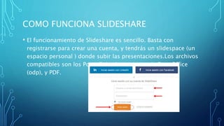 COMO FUNCIONA SLIDESHARE
• El funcionamiento de Slideshare es sencillo. Basta con
registrarse para crear una cuenta, y tendrás un slidespace (un
espacio personal ) donde subir las presentaciones.Los archivos
compatibles son los PowerPoint (ppt, pps, pot), OpenOffice
(odp), y PDF.
 
