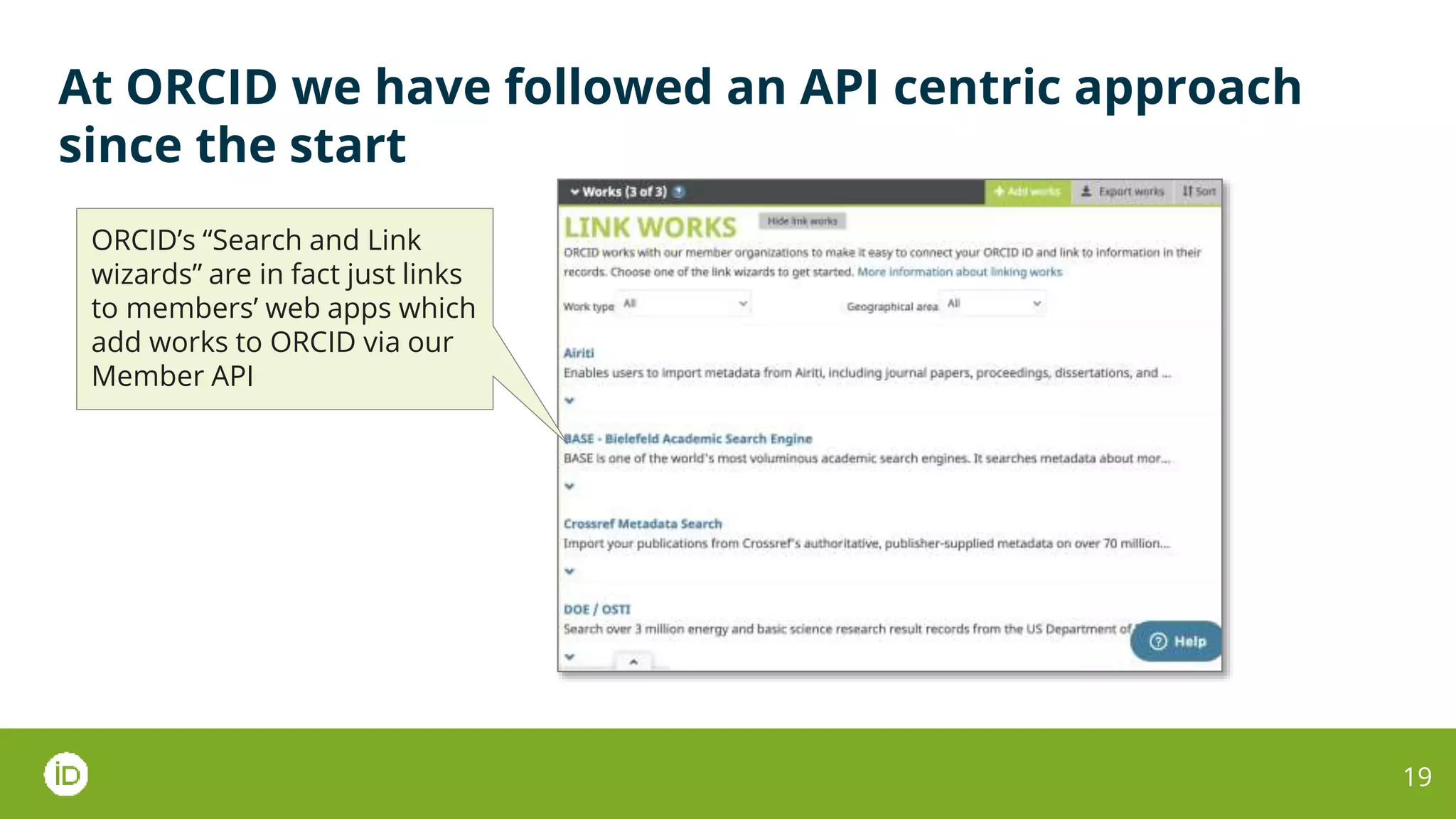At ORCID we have followed an API centric approach
since the start
19
ORCID’s “Search and Link
wizards” are in fact just links
to members’ web apps which
add works to ORCID via our
Member API
 