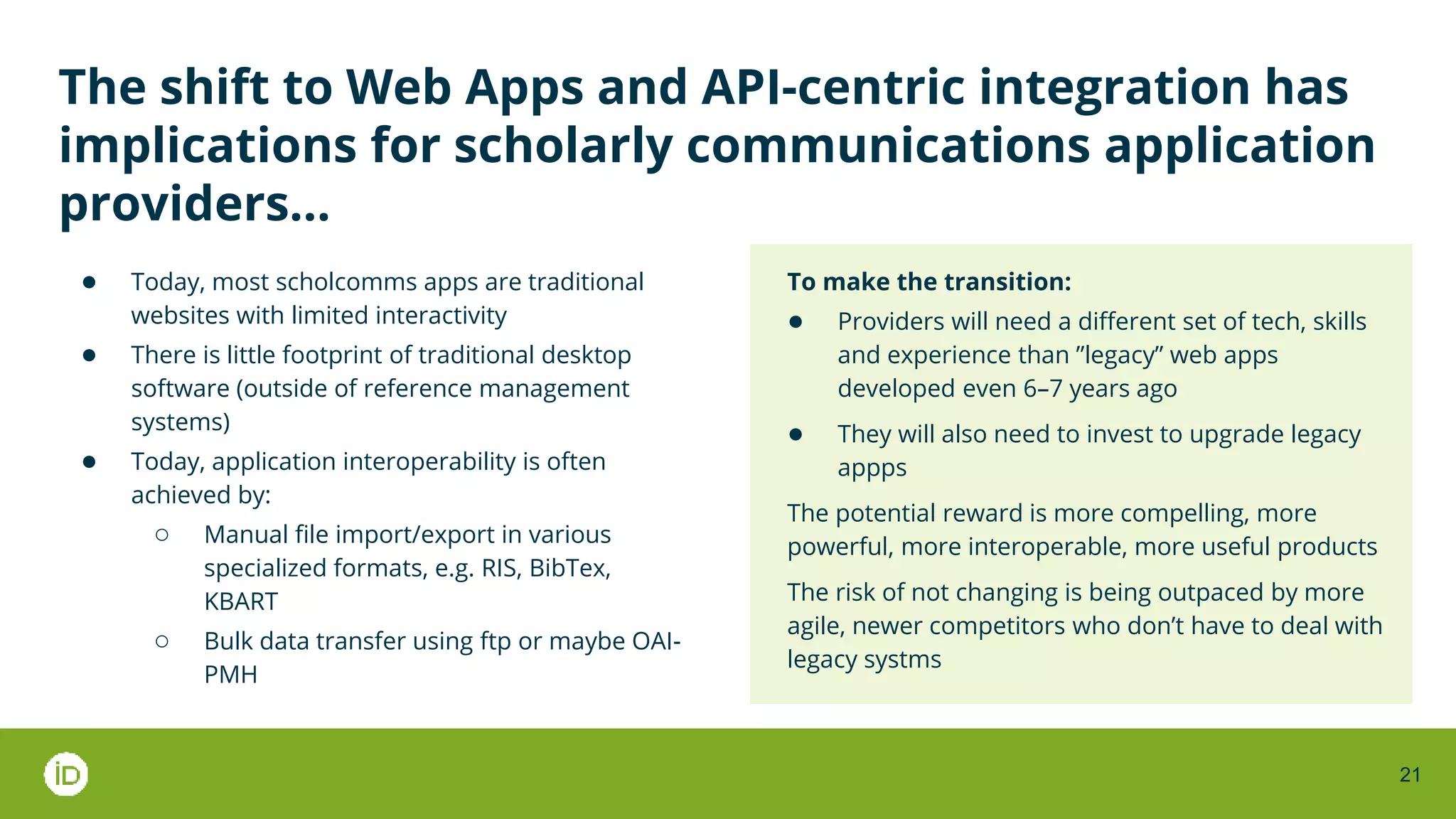 21
The shift to Web Apps and API-centric integration has
implications for scholarly communications application
providers…
● Today, most scholcomms apps are traditional
websites with limited interactivity
● There is little footprint of traditional desktop
software (outside of reference management
systems)
● Today, application interoperability is often
achieved by:
○ Manual file import/export in various
specialized formats, e.g. RIS, BibTex,
KBART
○ Bulk data transfer using ftp or maybe OAI-
PMH
To make the transition:
● Providers will need a different set of tech, skills
and experience than ”legacy” web apps
developed even 6–7 years ago
● They will also need to invest to upgrade legacy
appps
The potential reward is more compelling, more
powerful, more interoperable, more useful products
The risk of not changing is being outpaced by more
agile, newer competitors who don’t have to deal with
legacy systms
 