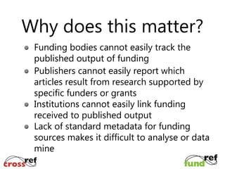 Why does this matter?
Funding bodies cannot easily track the
published output of funding
Publishers cannot easily report which
articles result from research supported by
specific funders or grants
Institutions cannot easily link funding
received to published output
Lack of standard metadata for funding
sources makes it difficult to analyse or data
mine

 