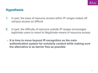 Hypothesis
1. In part, the ease of resource access within IP ranges makes off
campus access so difficult
2. In part, the difficulty of resource outside IP ranges encourages
legitimate users to resort to illegitimate means of resource access
∴ It is time to move beyond IP-recognition as the main
authentication system for scholarly content while making sure
the alternative is as barrier free as possible
16
RA21
 