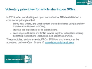Voluntary principles for article sharing on SCNs
In 2015, after conducting an open consultation, STM established a
core set of principles that:
– clarify how, where, and what content should be shared using Scholarly
Collaboration Networks (SCNs),
– improve the experience for all stakeholders,
– encourage publishers and SCNs to work together to facilitate sharing,
benefiting researchers, institutions, and society as a whole.
The principles, endorsements, FAQs, DOI tool and more, can be
accessed on How Can I Share It? www.howcanishareit.com
24
 