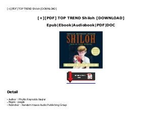 [+][PDF] TOP TREND Shiloh [DOWNLOAD]
Epub|Ebook|Audiobook|PDF|DOC
[+][PDF] TOP TREND Shiloh [DOWNLOAD]
KWH
Detail
Author : Phyllis Reynolds Naylorq
Pages : pagesq
Publisher : Random House Audio Publishing Groupq
 