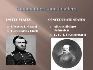 UNITED STATES          CONFEDERATE STATES

   Ulysses S. Grant      Albert Sidney
   Don Carlos Buell       Johnston
                          P. G. T. Beauregard
 