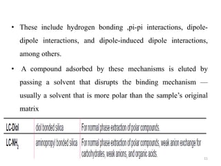 • These include hydrogen bonding ,pi-pi interactions, dipole-
dipole interactions, and dipole-induced dipole interactions,
among others.
• A compound adsorbed by these mechanisms is eluted by
passing a solvent that disrupts the binding mechanism —
usually a solvent that is more polar than the sample’s original
matrix
11
 