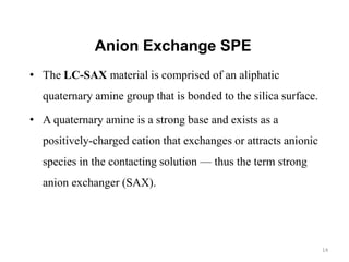Anion Exchange SPE
• The LC-SAX material is comprised of an aliphatic
quaternary amine group that is bonded to the silica surface.
• A quaternary amine is a strong base and exists as a
positively-charged cation that exchanges or attracts anionic
species in the contacting solution — thus the term strong
anion exchanger (SAX).
14
 