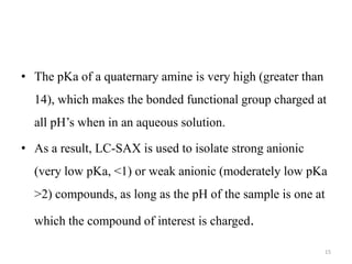 • The pKa of a quaternary amine is very high (greater than
14), which makes the bonded functional group charged at
all pH’s when in an aqueous solution.
• As a result, LC-SAX is used to isolate strong anionic
(very low pKa, <1) or weak anionic (moderately low pKa
>2) compounds, as long as the pH of the sample is one at
which the compound of interest is charged.
15
 