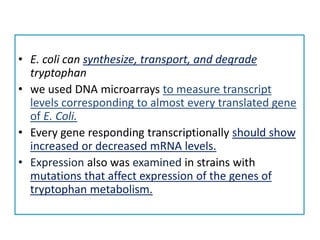 • E. coli can synthesize, transport, and degrade
tryptophan
• we used DNA microarrays to measure transcript
levels corresponding to almost every translated gene
of E. Coli.
• Every gene responding transcriptionally should show
increased or decreased mRNA levels.
• Expression also was examined in strains with
mutations that affect expression of the genes of
tryptophan metabolism.
 