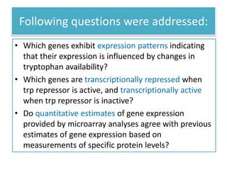 Following questions were addressed:
• Which genes exhibit expression patterns indicating
that their expression is influenced by changes in
tryptophan availability?
• Which genes are transcriptionally repressed when
trp repressor is active, and transcriptionally active
when trp repressor is inactive?
• Do quantitative estimates of gene expression
provided by microarray analyses agree with previous
estimates of gene expression based on
measurements of specific protein levels?
 