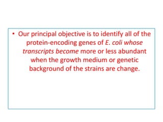 • Our principal objective is to identify all of the
protein-encoding genes of E. coli whose
transcripts become more or less abundant
when the growth medium or genetic
background of the strains are change.
 
