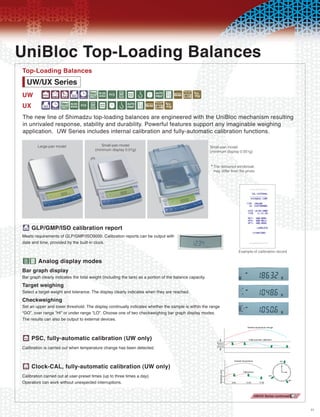 UniBloc Top-Loading Balances
Top-Loading Balances
  UW/UX Series
UW fABiDLMOGP 4 u0/R
UX iDLMOGP4  u0/R
The new line of Shimadzu top-loading balances are engineered with the UniBloc mechanism resulting
in unrivaled response, stability and durability. Powerful features support any imaginable weighing
application. UW Series includes internal calibration and fully-automatic calibration functions.

        Large-pan model                      Small-pan model                                              Small-pan model
                                         (minimum display 0.01g)                                          (minimum display 0.001g)



                                                                                                          * The delivered windbreak
                                                                                                           may differ from the photo




i    GLP/GMP/ISO calibration report
Meets requirements of GLP/GMP/ISO9000. Calibration reports can be output with
date and time, provided by the built-in clock.
                                                                                                                          Example of calibration record

Gu       Analog display modes
Bar graph display
Bar graph clearly indicates the total weight (including the tare) as a portion of the balance capacity.
Target weighing
Select a target weight and tolerance. The display clearly indicates when they are reached.
Checkweighing
Set an upper and lower threshold. The display continually indicates whether the sample is within the range
ÒGOÓ, over range ÒHIÓ or under range ÒLOÓ. Choose one of two checkweighing bar graph display modes.
The results can also be output to external devices.



f PSC, fully-automatic calibration (UW only)
Calibration is carried out when temperature change has been detected.



A Clock-CAL, fully-automatic calibration (UW only)
Calibration carried out at user-preset times (up to three times a day).
Operators can work without unexpected interruptions.

                                                                                                                                     UW/UX Series continued


                                                                                                                                                              11
 