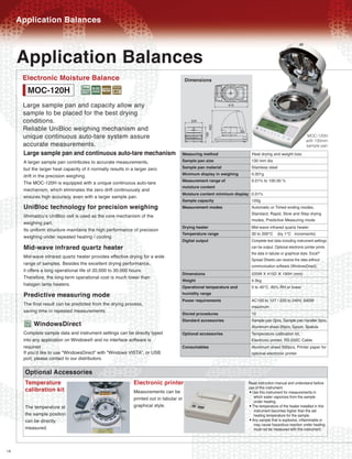 Application Balances


     Application Balances
      Electronic Moisture Balance                                                         Dimensions
       MOC-120H LM0/
      Large sample pan and capacity allow any
      sample to be placed for the best drying
      conditions.
      Reliable UniBloc weighing mechanism and
      unique continuous auto-tare system assure                                                                                                             MOC-120H
                                                                                                                                                            with 130mm
      accurate measurements.                                                                                                                                sample pan

      Large sample pan and continuous auto-tare mechanism                             Measuring method                   Heat drying and weight loss
      A larger sample pan contributes to accurate measurements,                       Sample pan size                    130 mm dia
      but the larger heat capacity of it normally results in a larger zero            Sample pan material                Stainless steel
      drift in the precision weighing.                                                Minimum display in weighing        0.001g

      The MOC-120H is equipped with a unique continuous auto-tare                     Measurement range of               0.01% to 100.00 %
                                                                                      moisture content
      mechanism, which eliminates the zero drift continuously and
                                                                                      Moisture content minimum display   0.01%
      ensures high accuracy, even with a larger sample pan.
                                                                                      Sample capacity                    120g
      UniBloc technology for precision weighing                                       Measurement modes                  Automatic or Timed ending modes,
                                                                                                                         Standard, Rapid, Slow and Step drying
      ShimadzuÕs UniBloc cell is used as the core mechanism of the
                                                                                                                         modes, Predictive Measuring mode
      weighing part.
      Its uniform structure maintains the high performance of precision
                                                                                      Drying heater                      Mid-wave infrared quartz heater
                                                                                      Temperature range                  30 to 200¡C (by 1¡C increments)
      weighing under repeated heating / cooling.
                                                                                      Digital output                     Complete test data including instrument settings
      Mid-wave infrared quartz heater                                                                                    can be output. Optional electronic printer prints
                                                                                                                         the data in tabular or graphical style. Excel¨
      Mid-wave infrared quartz heater provides effective drying for a wide
                                                                                                                         Spread Sheets can receive the data without
      range of samples. Besides the excellent drying performance,                                                        communication software (WindowsDirect).
      it offers a long operational life of 20,000 to 30,000 hours.
                                                                                      Dimensions                         220W X 415D X 190H (mm)
      Therefore, the long-term operational cost is much lower than
                                                                                      Weight                             4.5kg
      halogen lamp heaters.
                                                                                      Operational temperature and        5 to 40¡C, 85% RH or lower
      Predictive measuring mode                                                       humidity range
                                                                                      Power requirements                 AC100 to 127 / 220 to 240V, 640W
      The final result can be predicted from the drying process,
                                                                                                                         maximum
      saving time in repeated measurements.
                                                                                      Stored procedures                  10
                                                                                      Standard accessories
      L    WindowsDirect                                                                                                 Sample pan 2pcs, Sample pan handler 2pcs,
                                                                                                                         Aluminum sheet 20pcs, Spoon, Spatula
      Complete sample data and instrument settings can be directly typed              Optional accessories               Temperature calibration kit,
      into any application on Windows¨ and no interface software is                                                      Electronic printer, RS-232C Cable
      required.                                                                       Consumables                        Aluminum sheet 500pcs, Printer paper for
      If you'd like to use "WindowsDirect" with "Windows VISTA", or USB                                                  optional electronic printer
      port, please contact to our distributors.

       Optional Accessories
       Temperature                                            Electronic printer                                     Read instruction manual and understand before
       calibration kit                                        Measurements can be
                                                                                                                     use of this instrument.
                                                                                                                     ●Use this instrument for measurements in
                                                              printed out in tabular or                                 which water vaporizes from the sample
                                                                                                                        under heating.
       The temperature at                                     graphical style.                                       ●The temperature of the heater installed in this
                                                                                                                        instrument becomes higher than the set
       the sample position                                                                                              heating temperature for the sample.
       can be directly                                                                                               ●Any sample that is explosive, inflammable or
                                                                                                                        may cause hazardous reaction under heating
       measured.                                                                                                        must not be measured with this instrument.



18
 